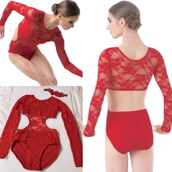 Weissman Elite dance costume red Lace Open Back Leotard long sleev SL10073 MC - Picture 1 of 10